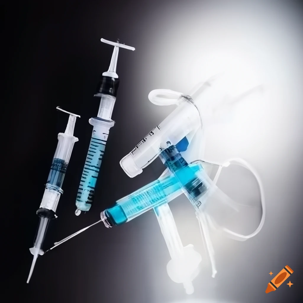 Syringes and masks in a poster photo