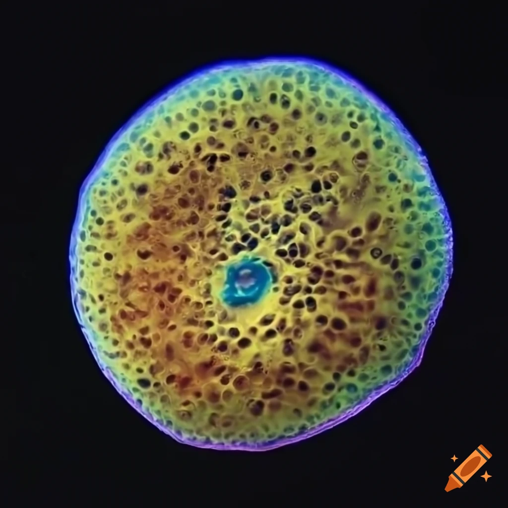 Colorful bumpy animal cell with proteins on black background