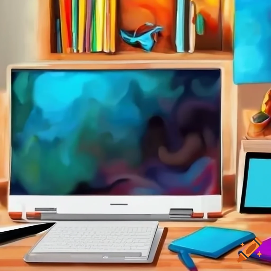 Modern home office setup with laptop and stationery items on Craiyon