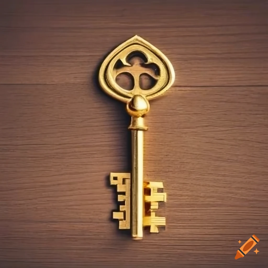 Small golden key on a wooden background