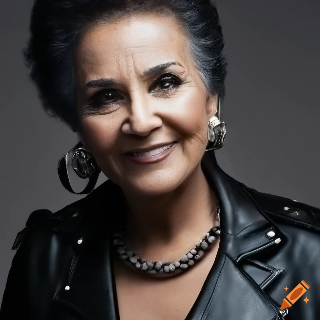 Glamorous older latina woman with salt and pepper hair and black