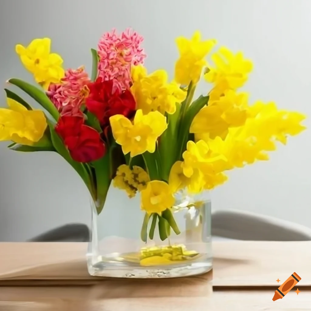 Vibrant spring flower arrangement in a clear vase