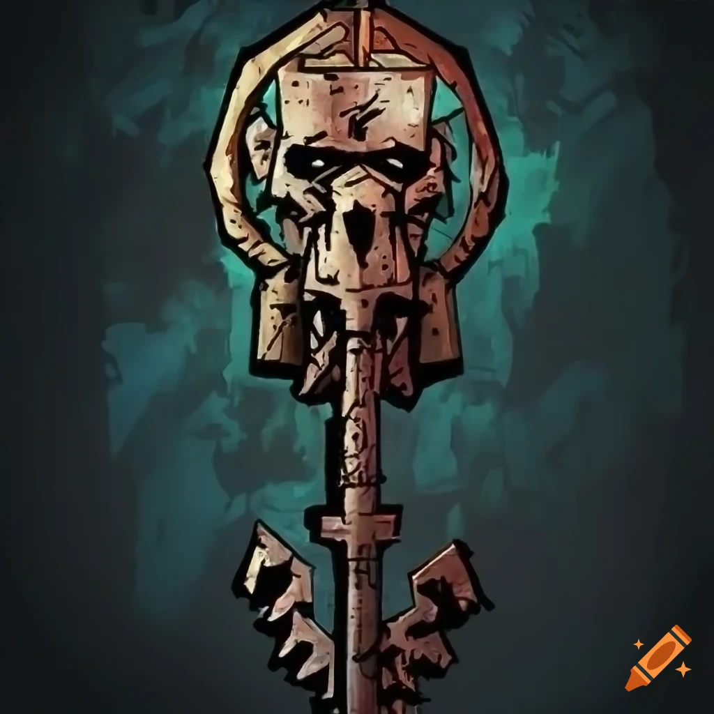 Dark and mysterious key inspired by the style of Darkest Dungeon