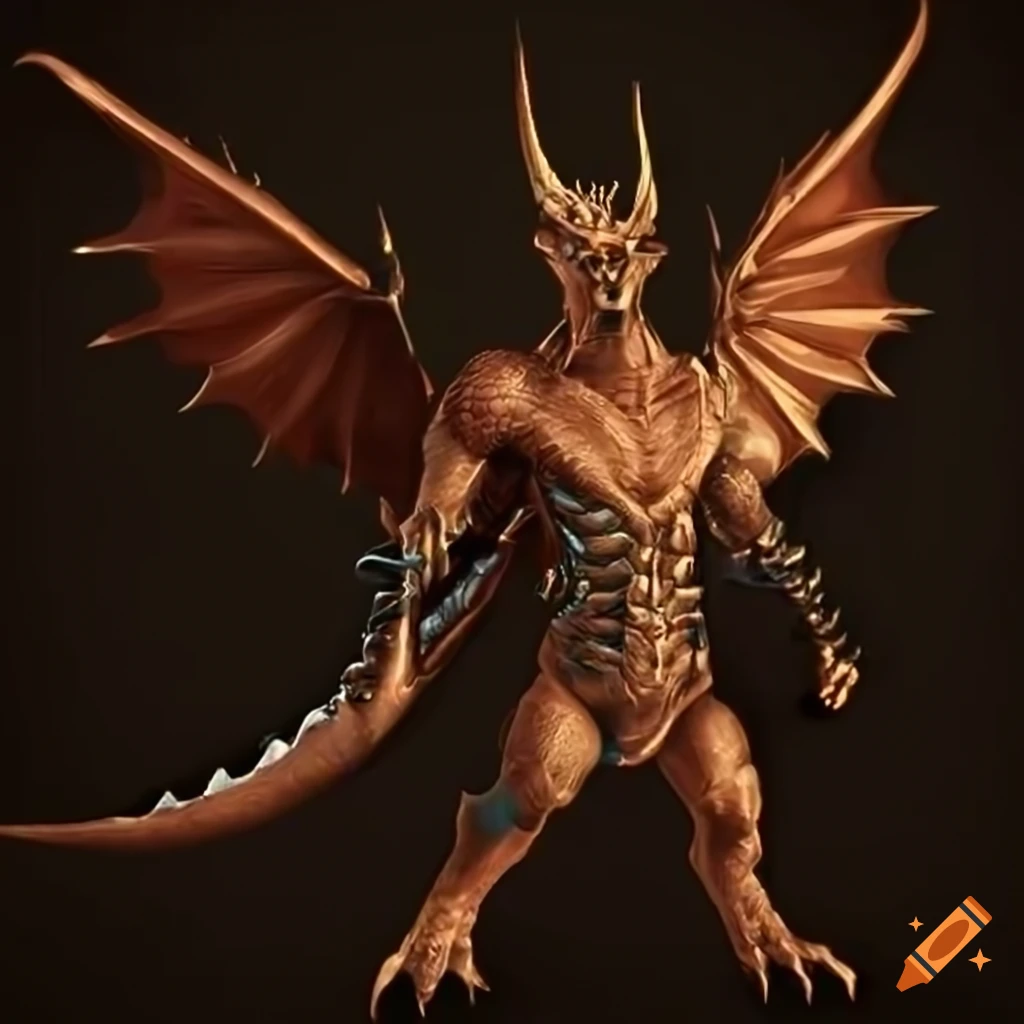 Copper dragon humanoid with wings and unique attire on Craiyon