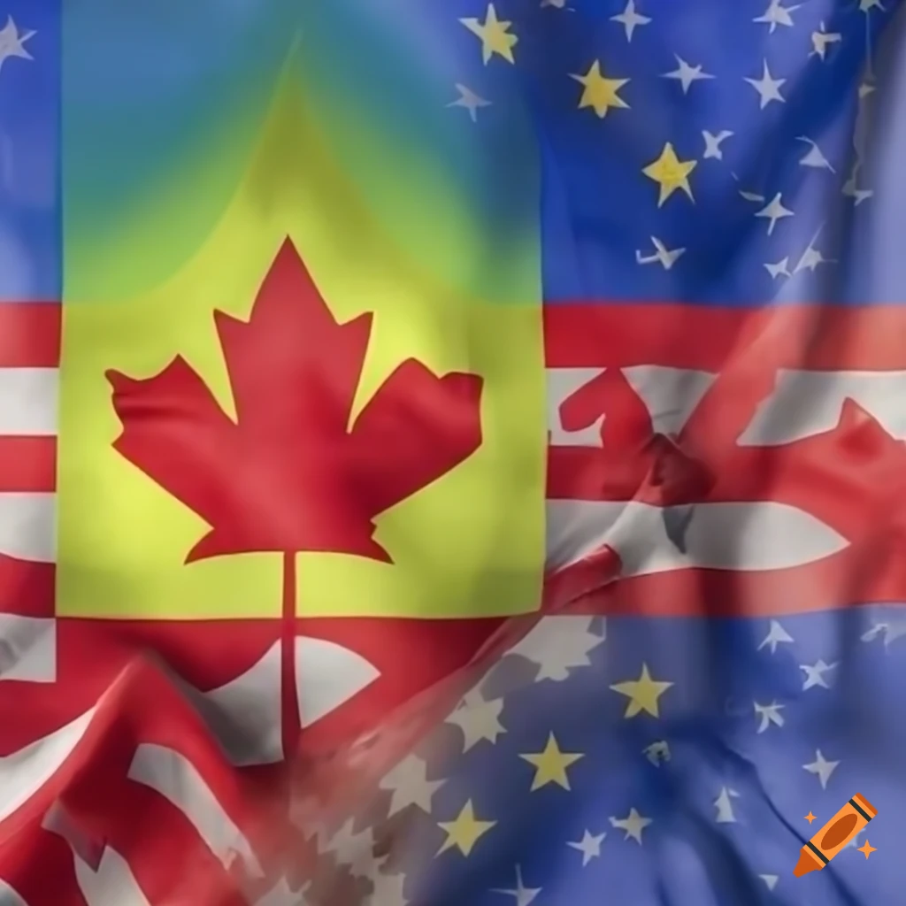 Flags of unity for USA, Canada, EU with Ukrainian soldier