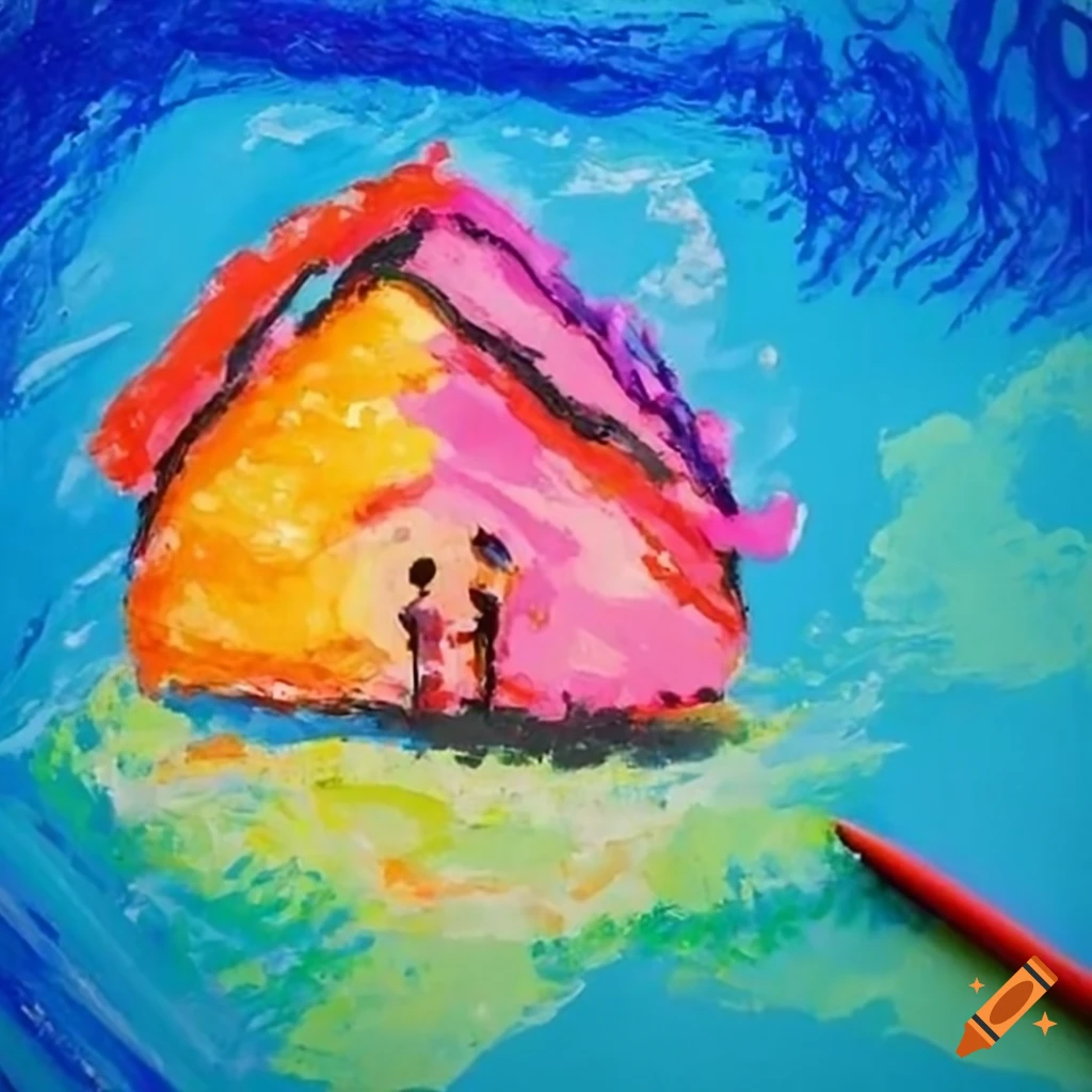 Crayon painting of a kid with family and house