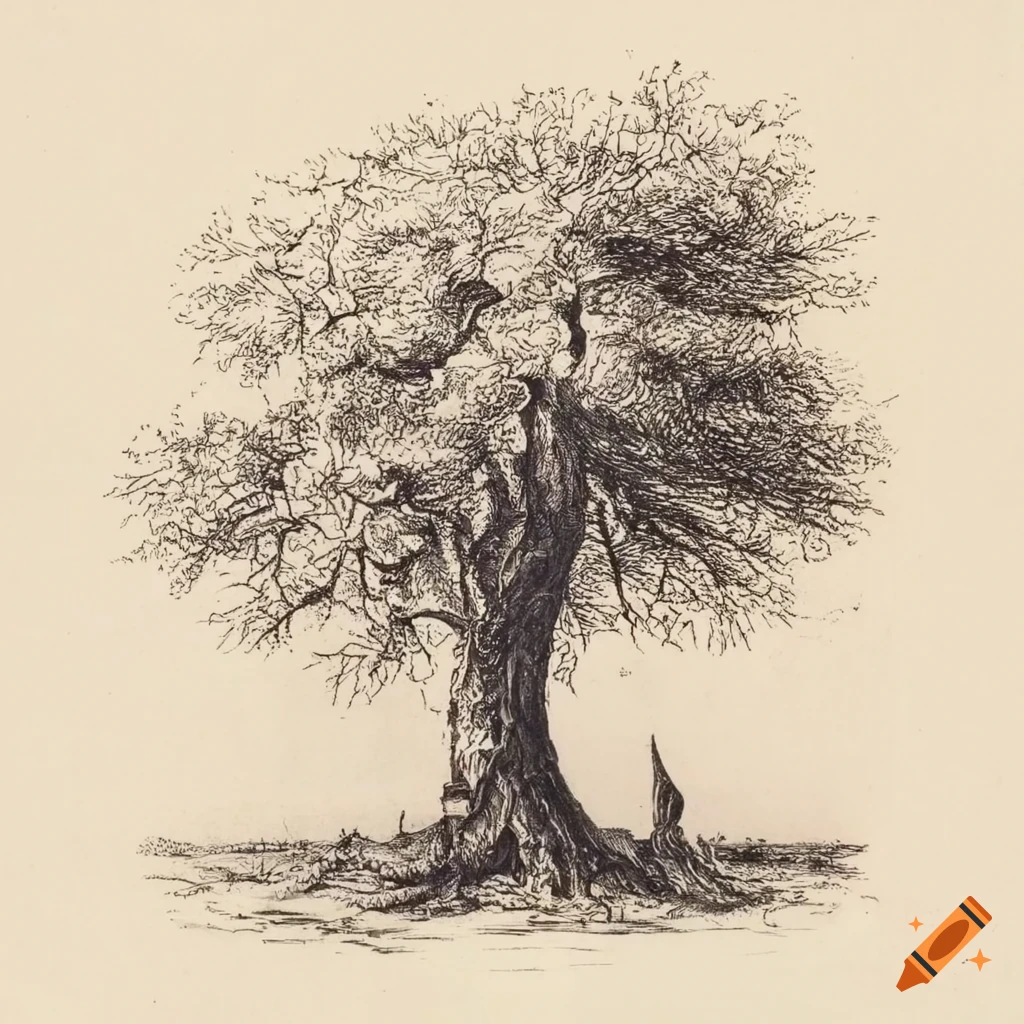 1800s pen and ink etching of a tree