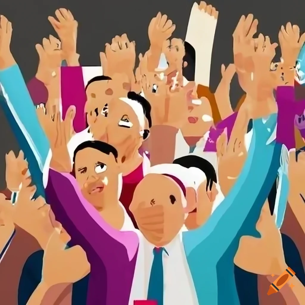 People participating in a free and fair election by raising their hands to vote