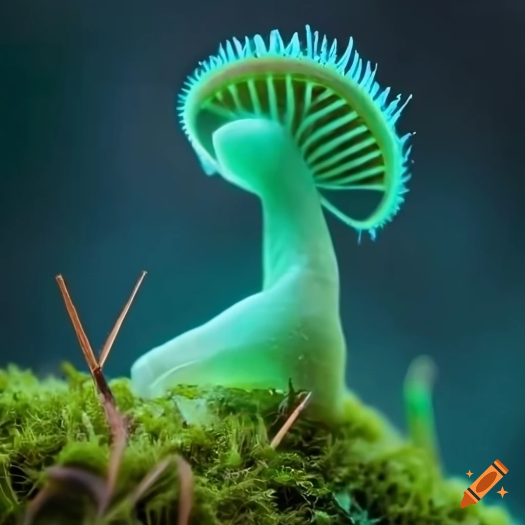 Glowing biopunk Venus flytrap creature in a moss-covered cityscape with cybernetic technology