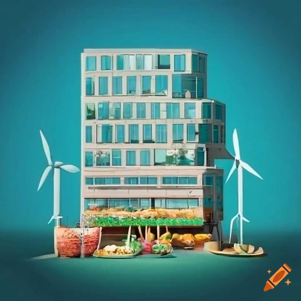 Vertical building with doctor clinic, food market, wind turbines, and food gardens