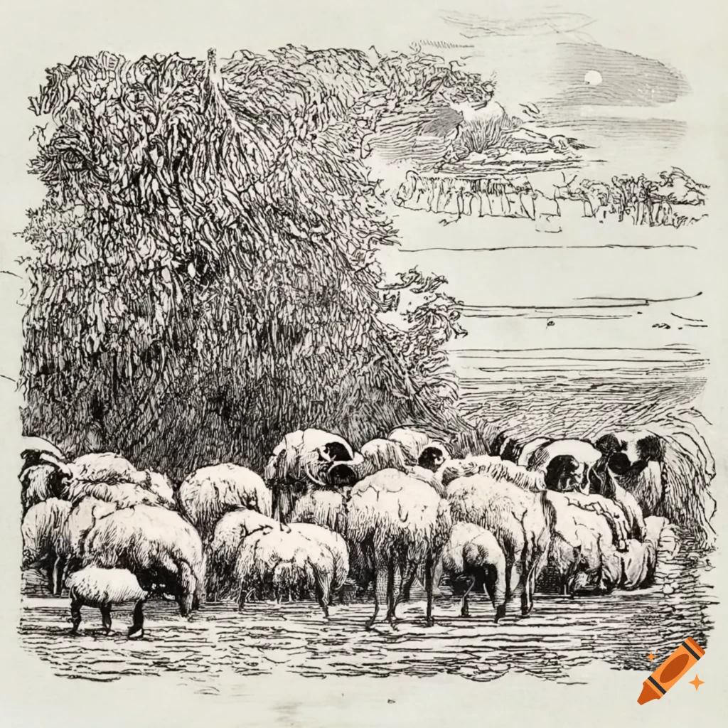 1800s pen and ink etching of a herd of sheep on Craiyon