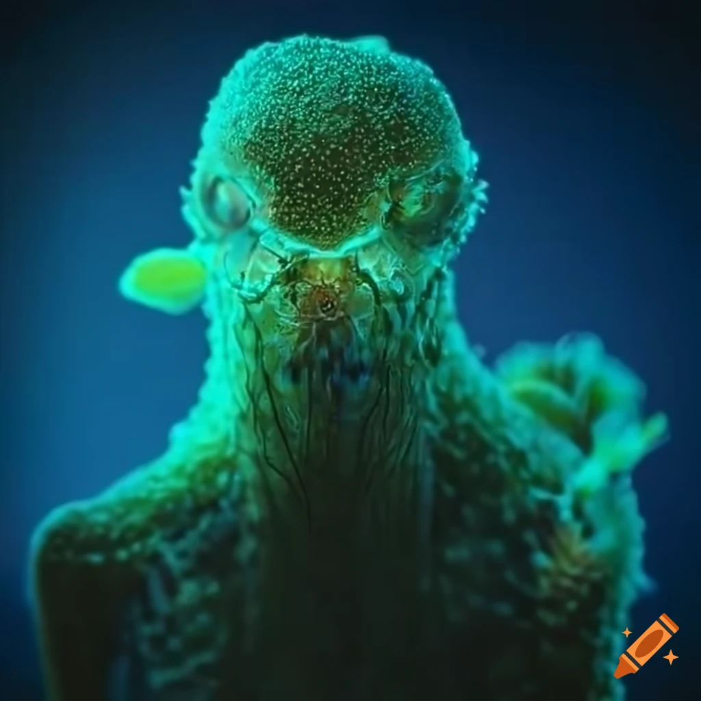 Glowing biopunk Venus flytrap creature in a moss-covered cityscape with cybernetic technology
