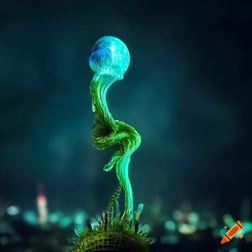 Glowing biopunk Venus flytrap creature in a moss-covered cityscape with cybernetic technology