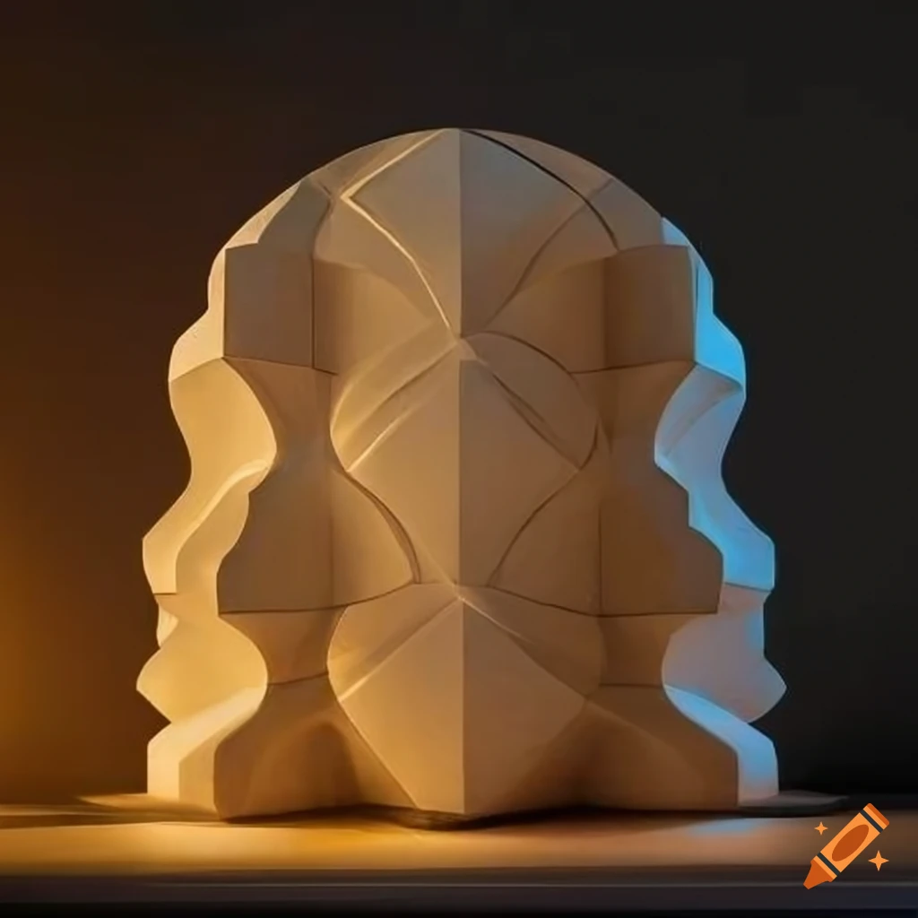 Modern futuristic stone model of traditional Iranian decorations with soft backlighting at shop entrance