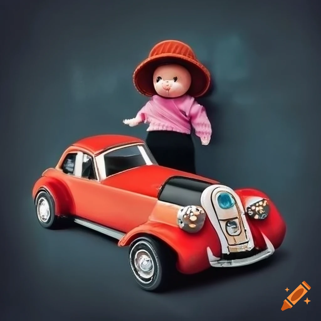 Trompe l'oeil artwork featuring toy cars and dolls on a dark background