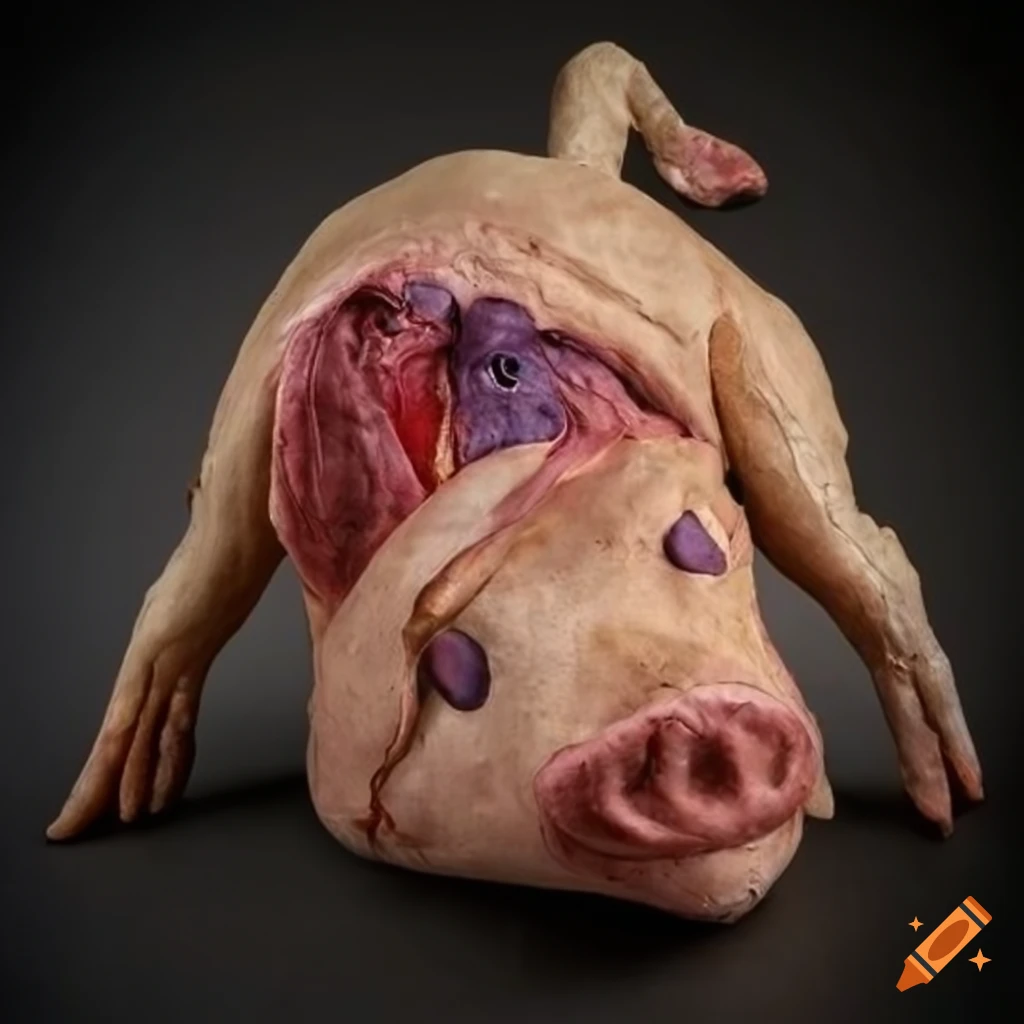 Hand-crafted papier-mâché felt pig dissection art