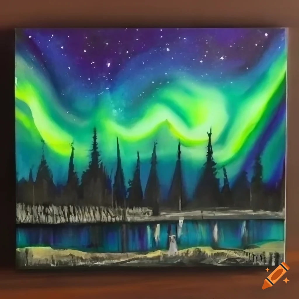 Cosmic northern lights painting in a rustic lodge forest setting
