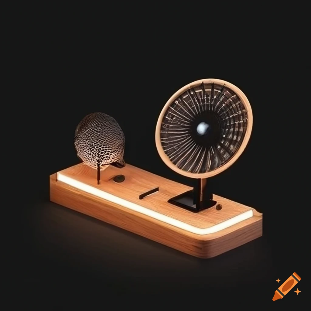 Elegant isometric desktop device with integrated fan and LED lights in solarpunk style