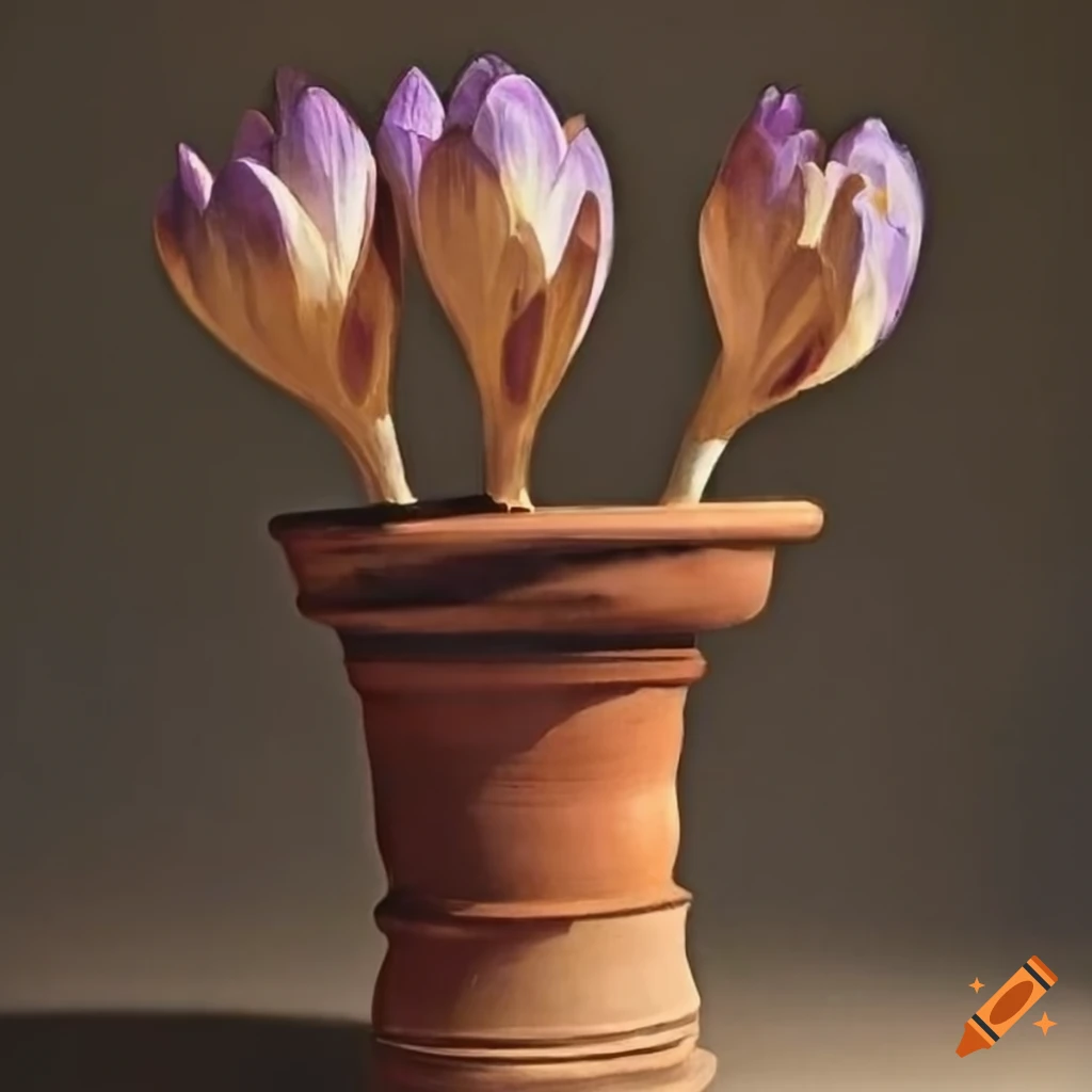 1800s etching of three Crocus flowers in a terracotta pot