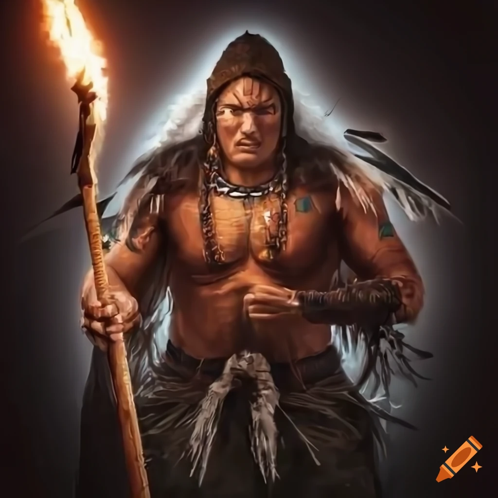 Fantasy warrior portrait of a Native American with staff and hunting knife