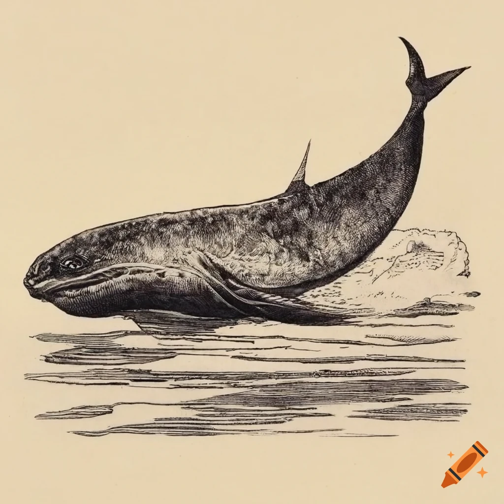 1800s pen and ink etching of a whale