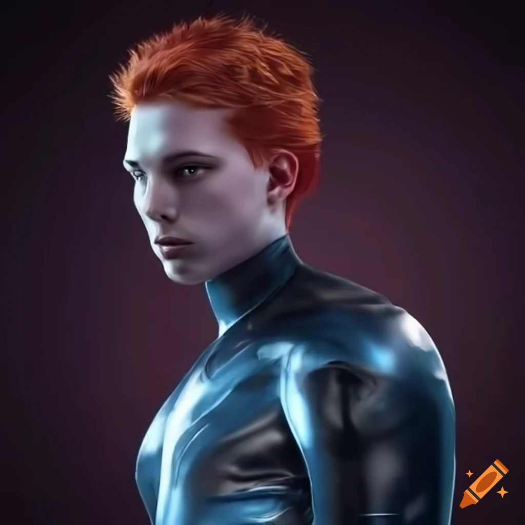 Futuristic college student with red hair in silver spandex uniform