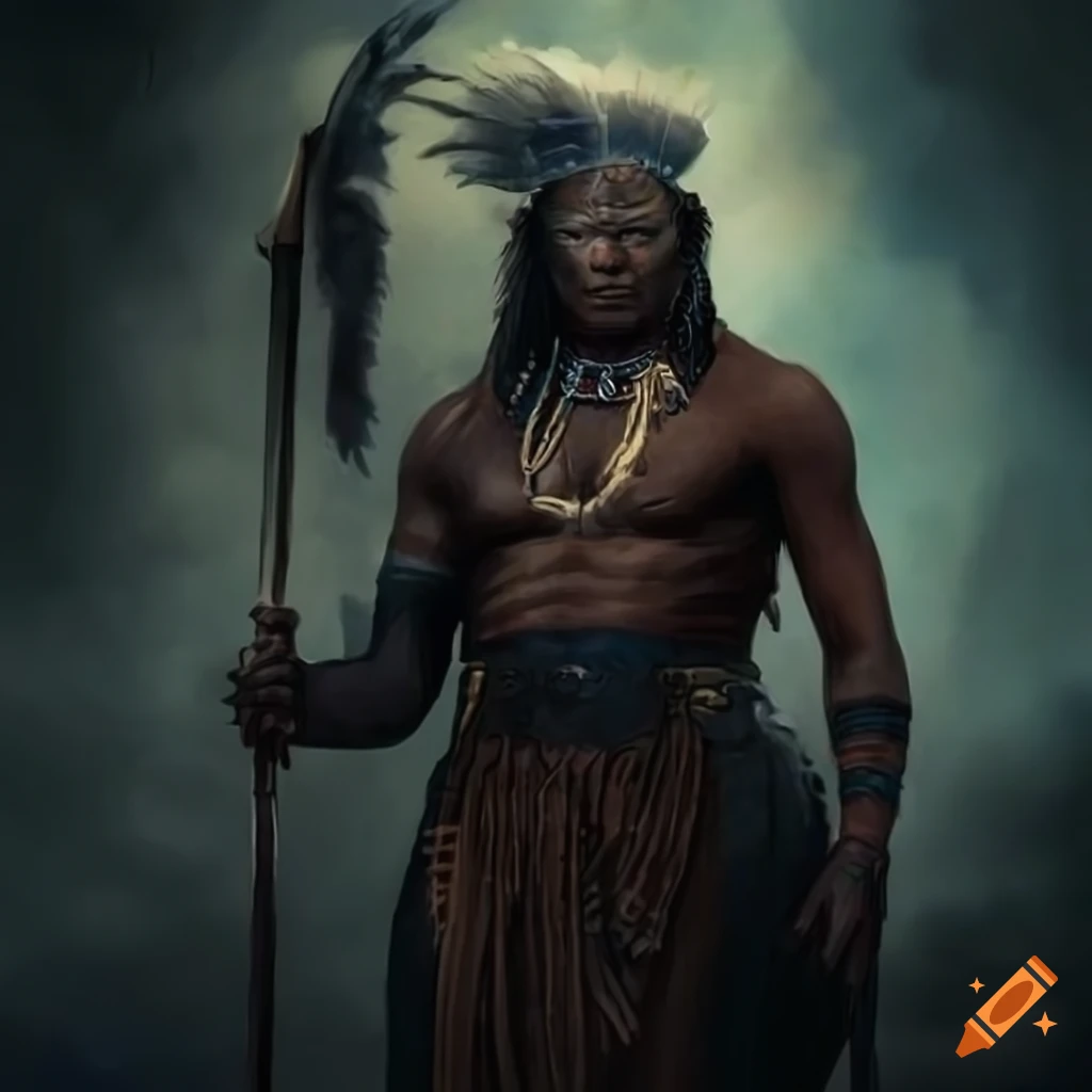 Heroic Native American warrior with sword in mystical fantasy setting