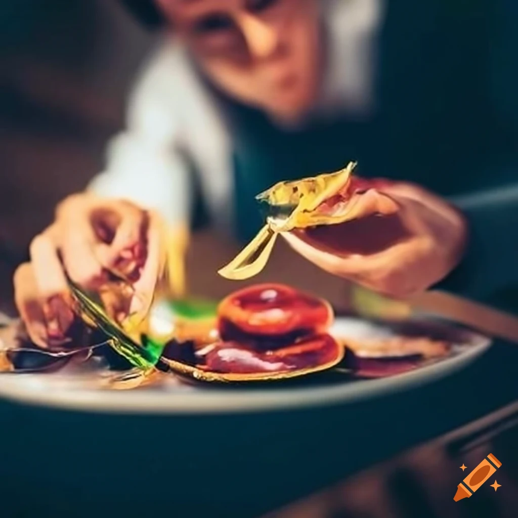Chef serving a meticulously prepared dish to an enchanted couple in an elegant restaurant