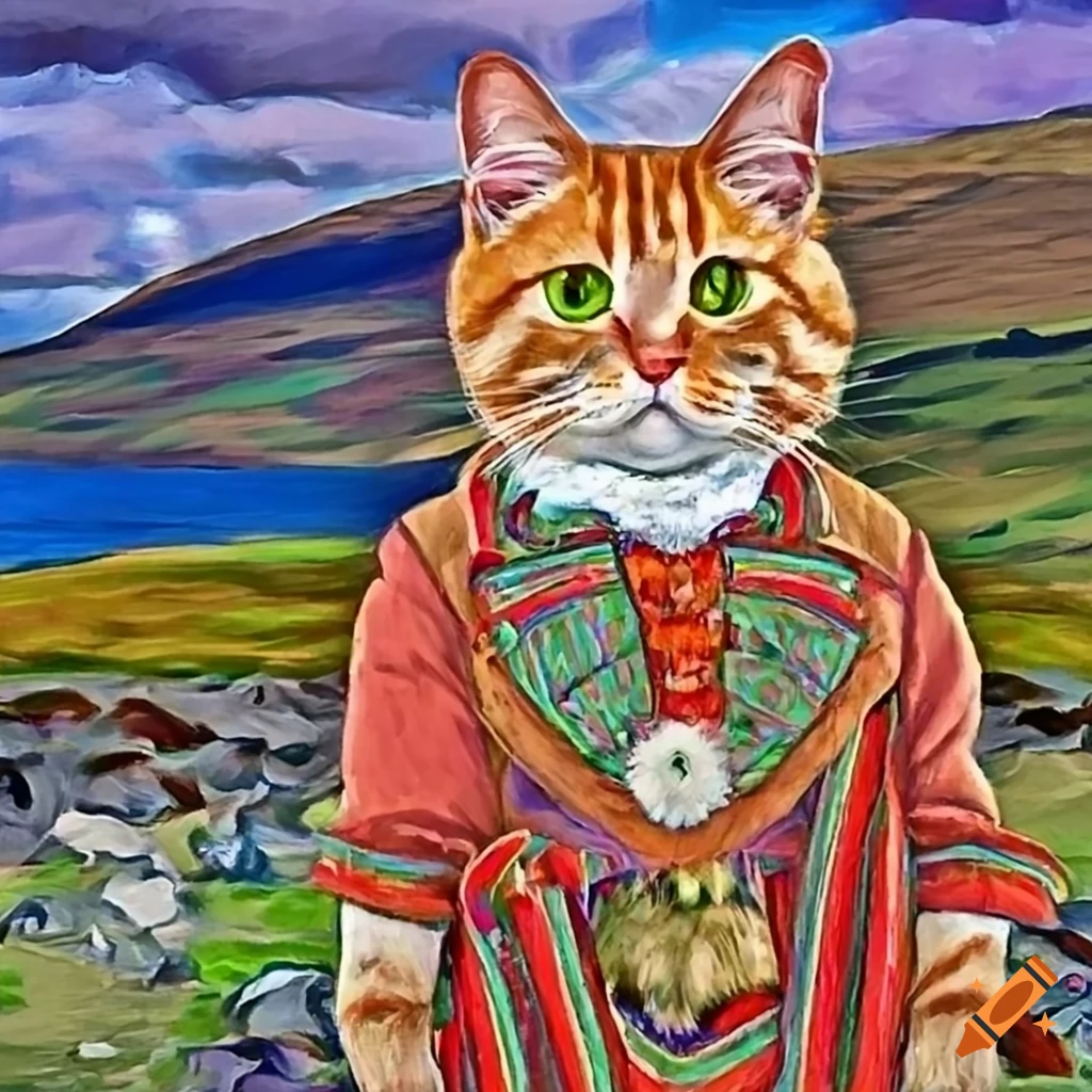 Whimsical ginger cat in Scottish lord costume in Highland landscape