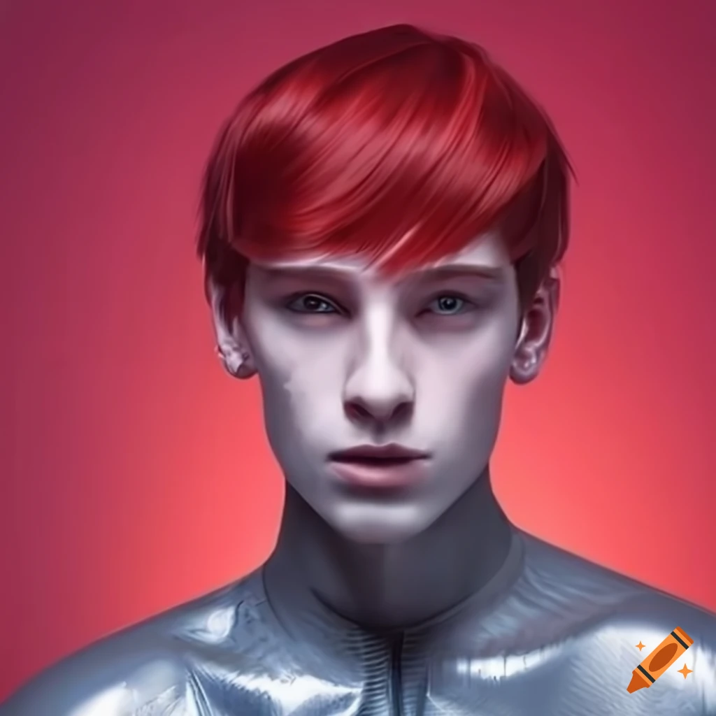 Futuristic college student with red hair in silver spandex uniform