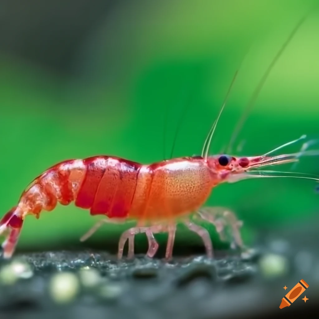 Macro photograph of a tiny red shrimp on an aquatic plant leaf