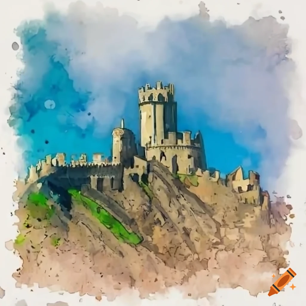 Medieval castle on a mountain overlooking a medieval city on Craiyon