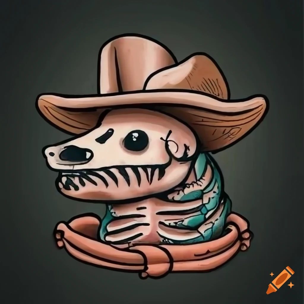 Opossum skeleton with cowboy hat in American traditional tattoo style