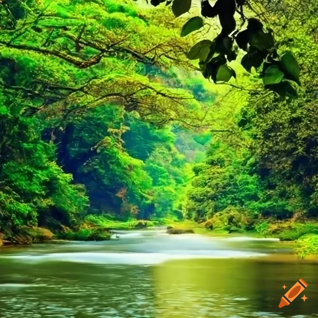 Serene river with tranquil waters and lush greenery in Tamil Nadu on ...