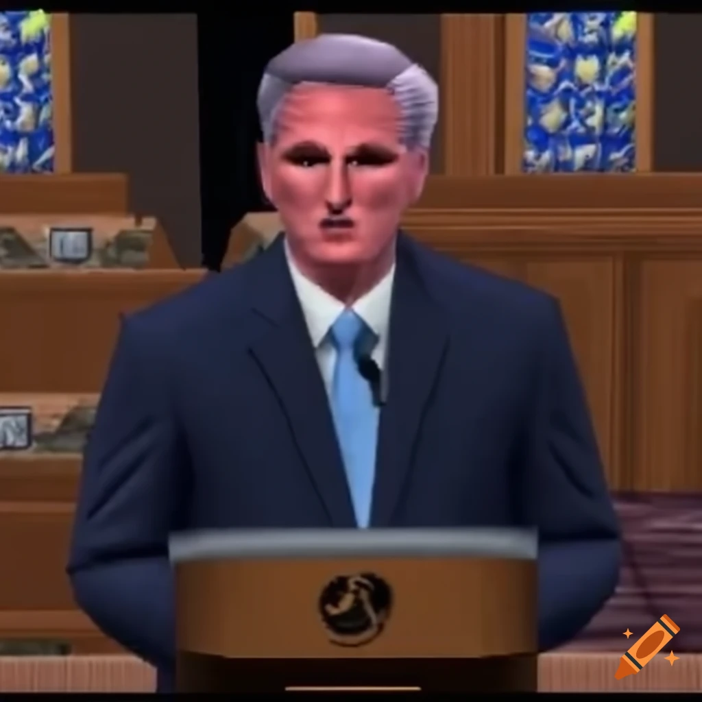 Nintendo 64 screenshot of Kevin McCarthy giving a political speech