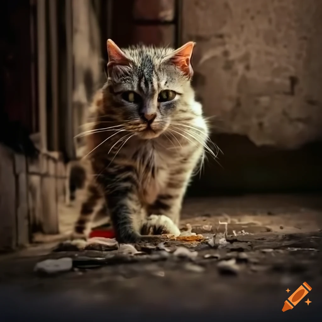 Hungry and unkempt cat in a desolate alleyway on Craiyon