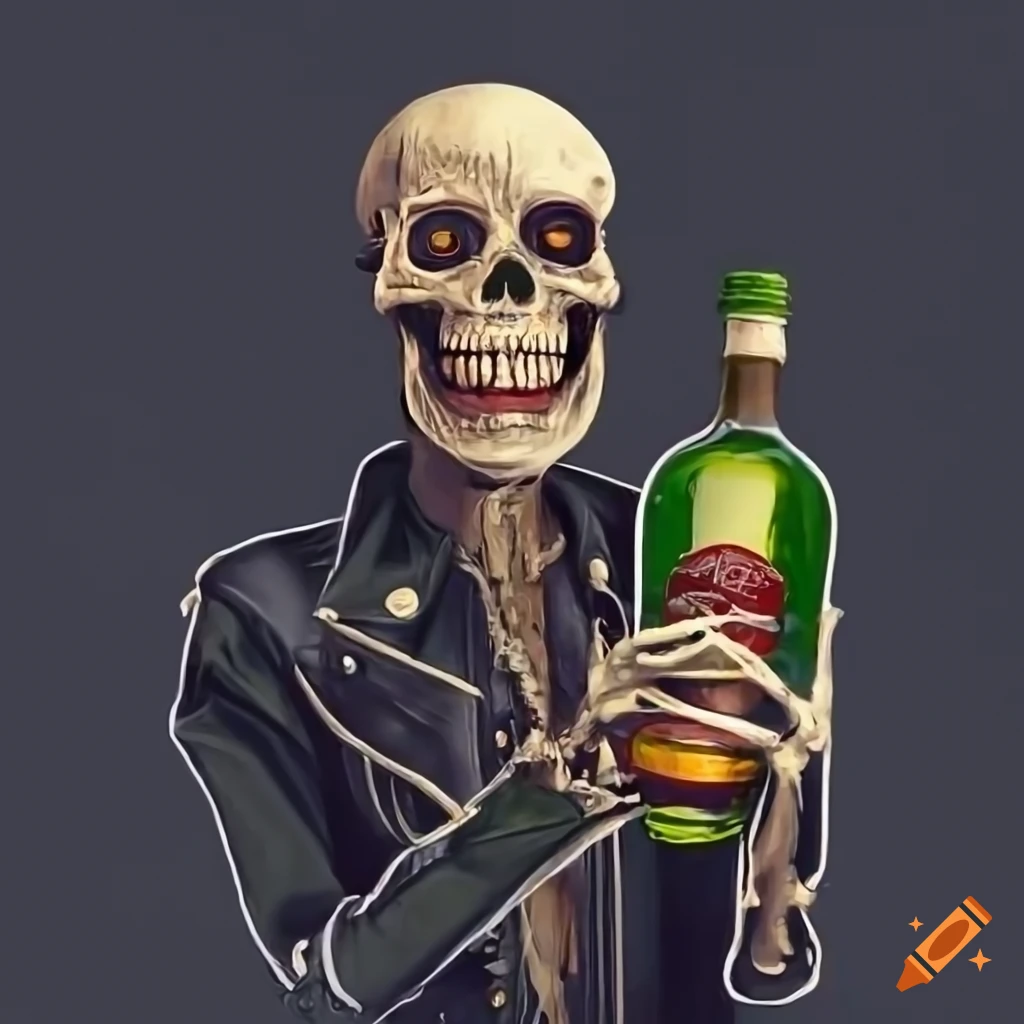 Laughing skeleton in a black leather jacket with a bottle of whiskey