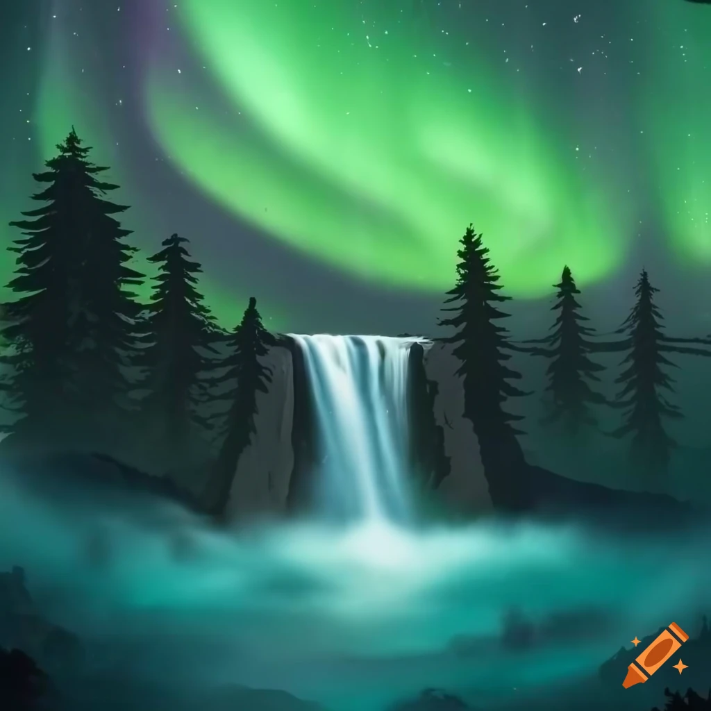 Northern lights over a waterfall with birch trees in a serene setting