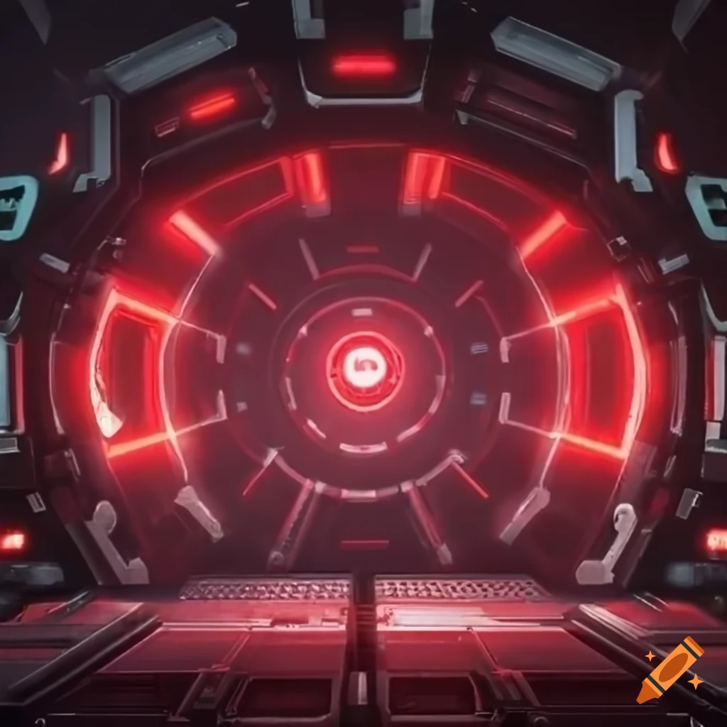 Sci-fi mechanic's stage with red accents, lasers, and lights