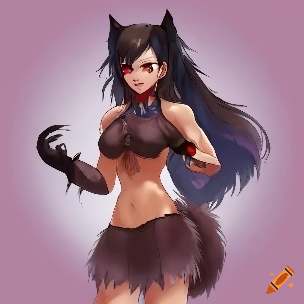 Human female werewolf with raven-black hair and ruby red eyes in 80's style