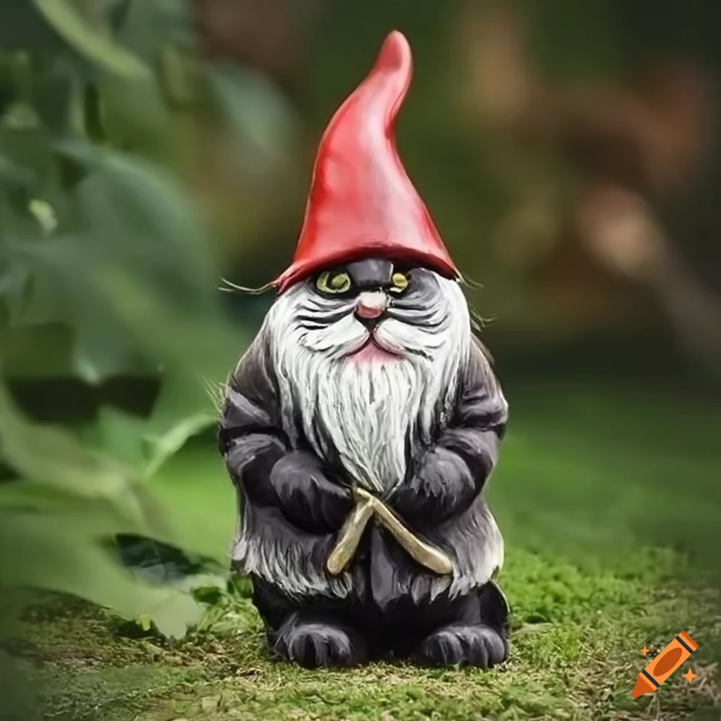 Longhaired black cat garden gnome with hat on Craiyon