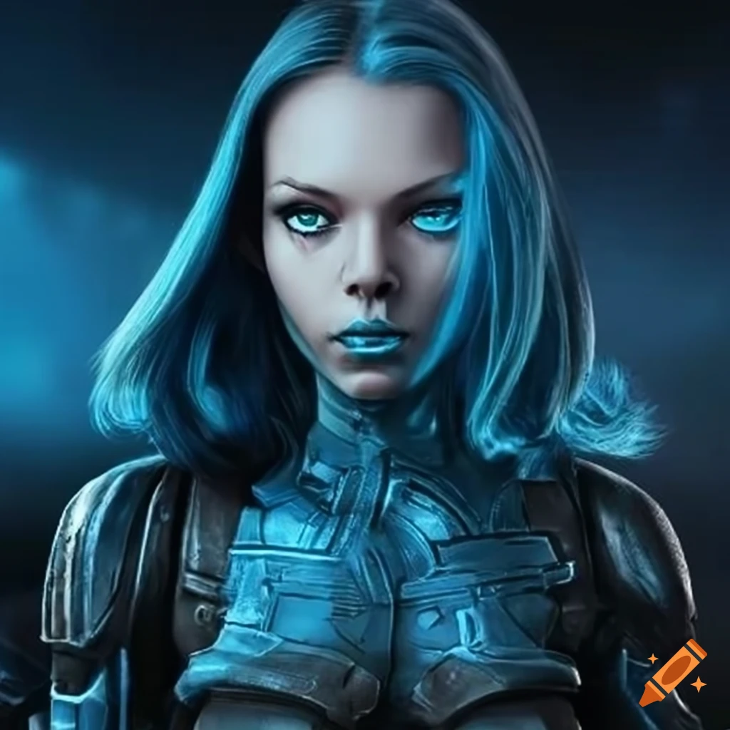 Sci-fi android with blue skin and blonde hair on Craiyon