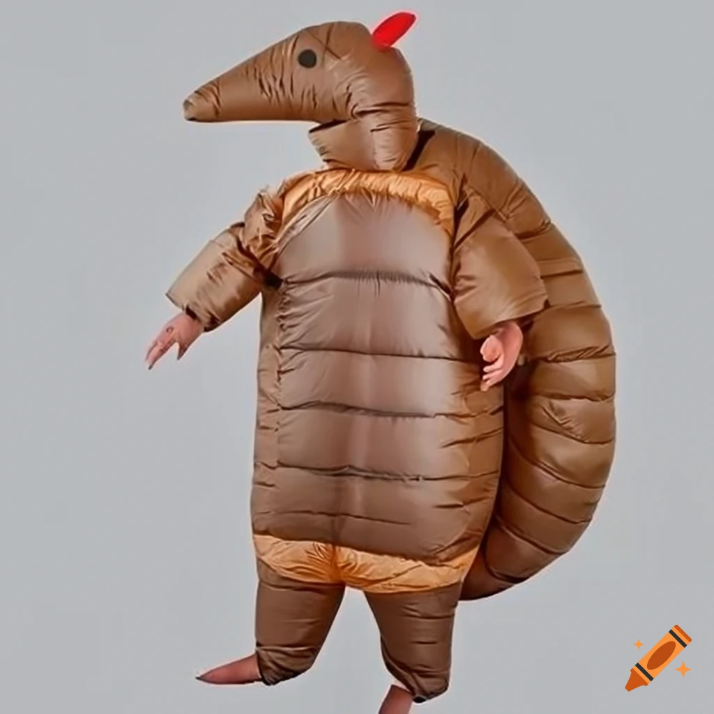Inflatable armadillo costume with brown shell design on Craiyon