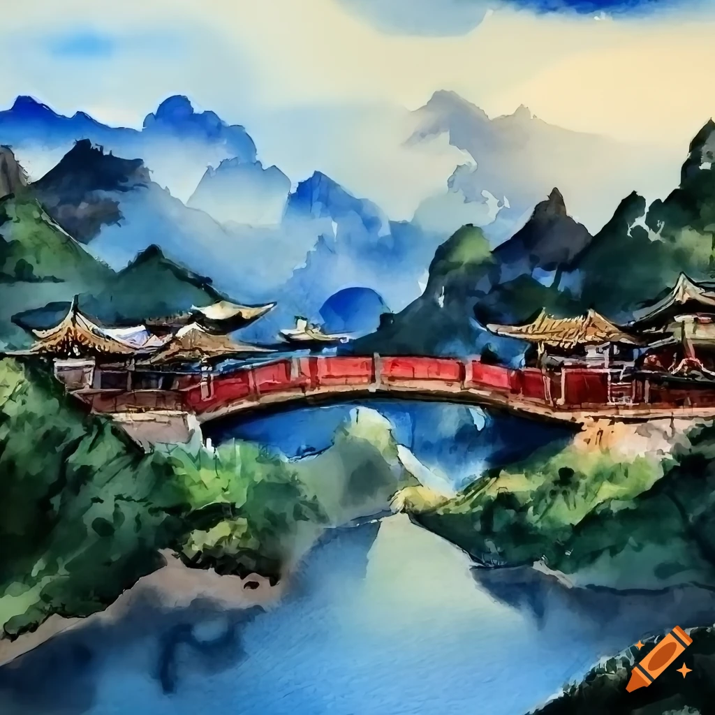 Detailed Chinese landscape with river, house, boat, bridge, and mountain in watercolor