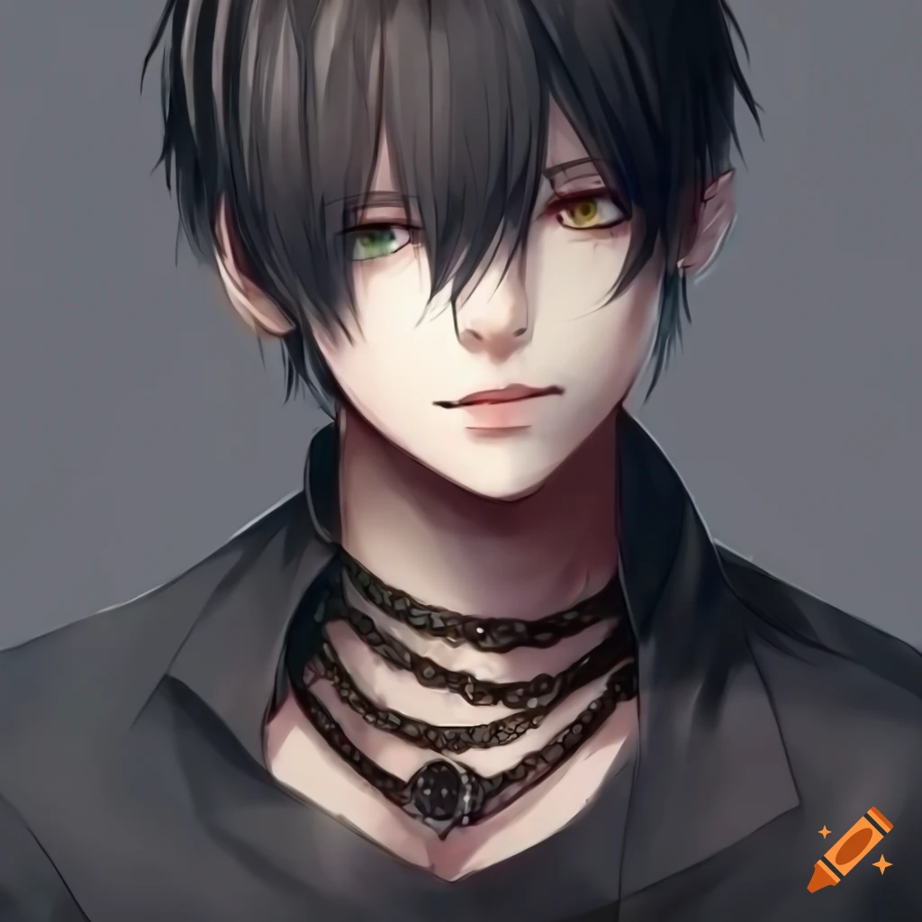 Anime boy with black hair, gold eyes, and beauty mark, wearing a black shirt and necklace