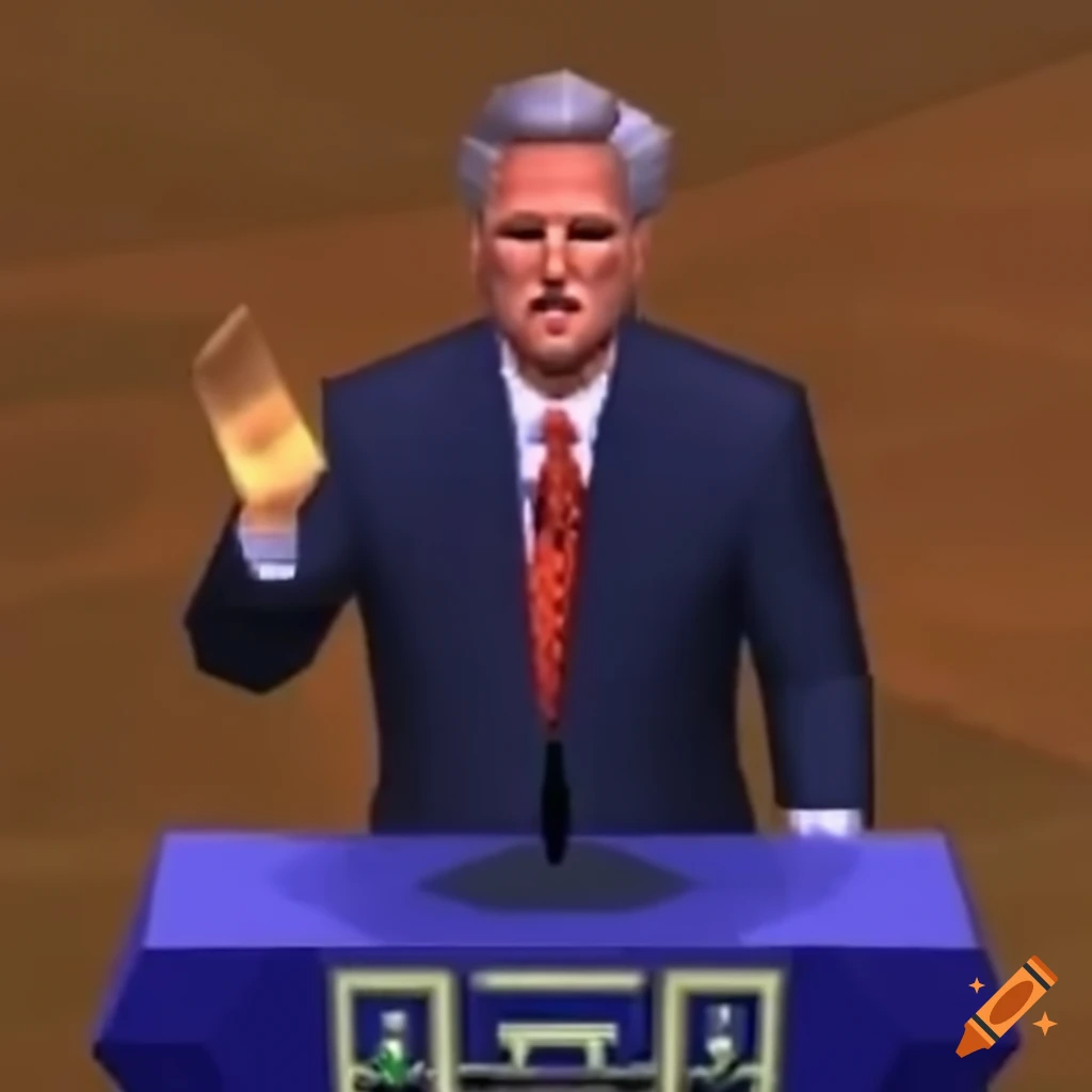 Nintendo 64 screenshot of Kevin McCarthy giving a political speech