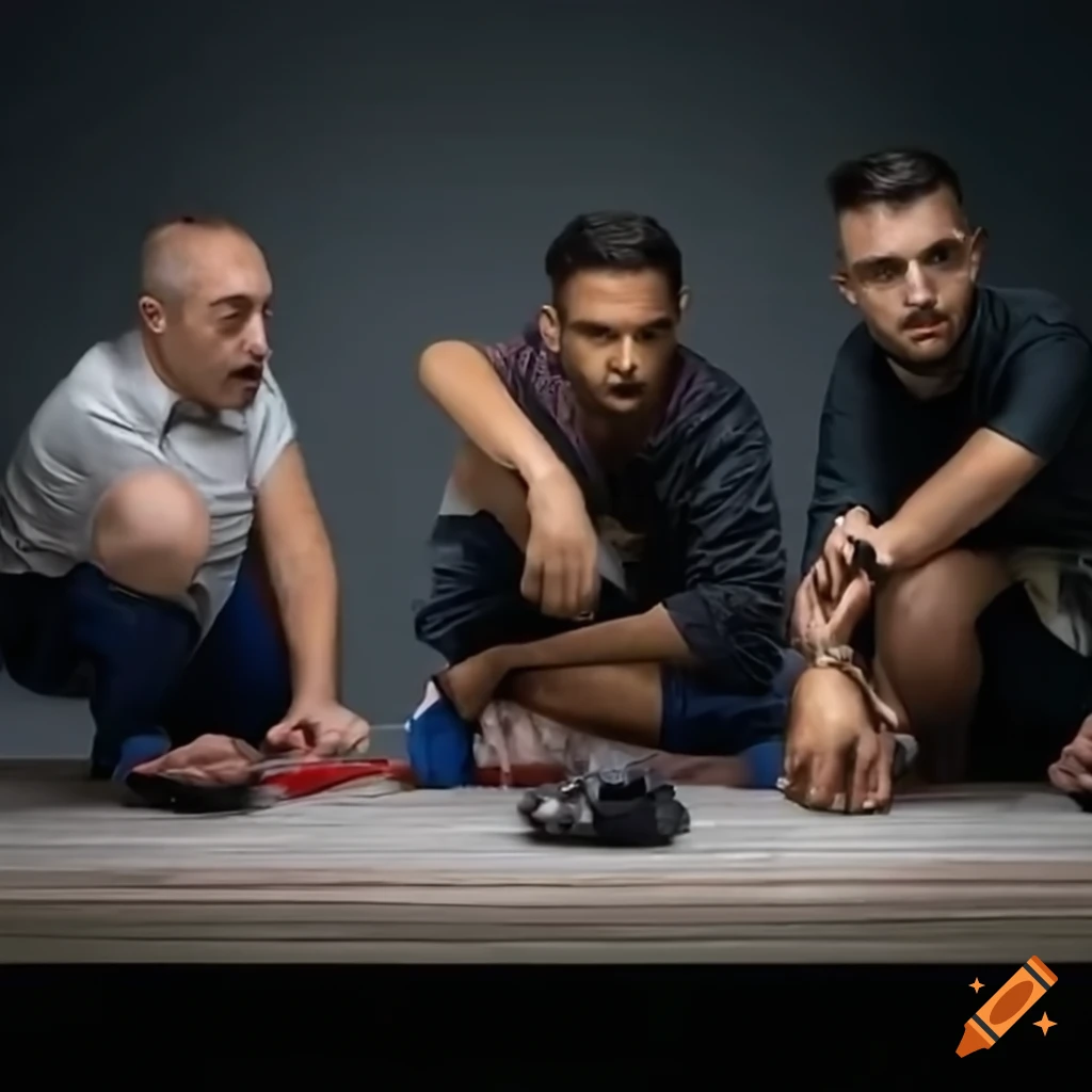 Four men admiring a model racing car with the number '1' on its side