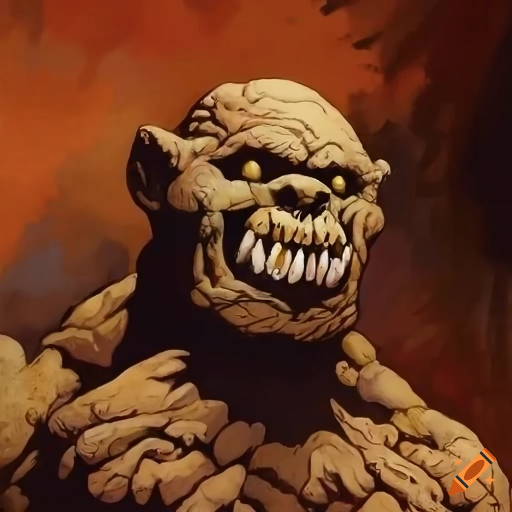 Clay golem with large teeth inspired by Frank Frazetta's style