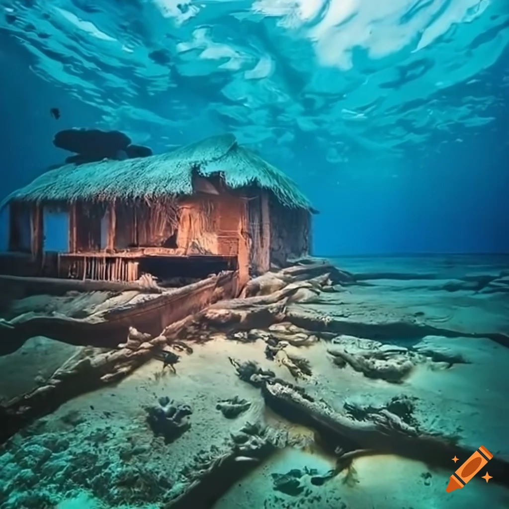 Maldives submerged underwater with scuba divers exploring huts and hotels on the sea bed