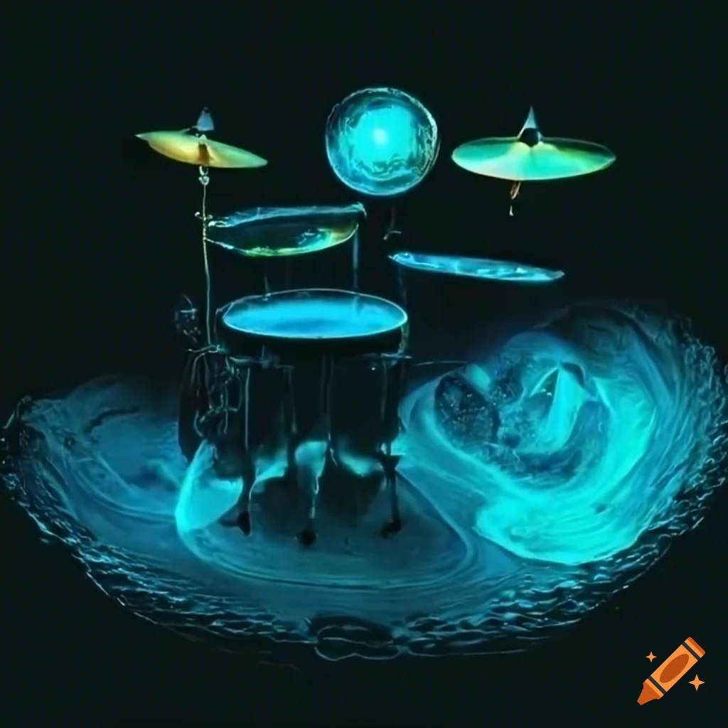 Glowing bioluminescent squid surrounded by drums and cymbals in a music scene